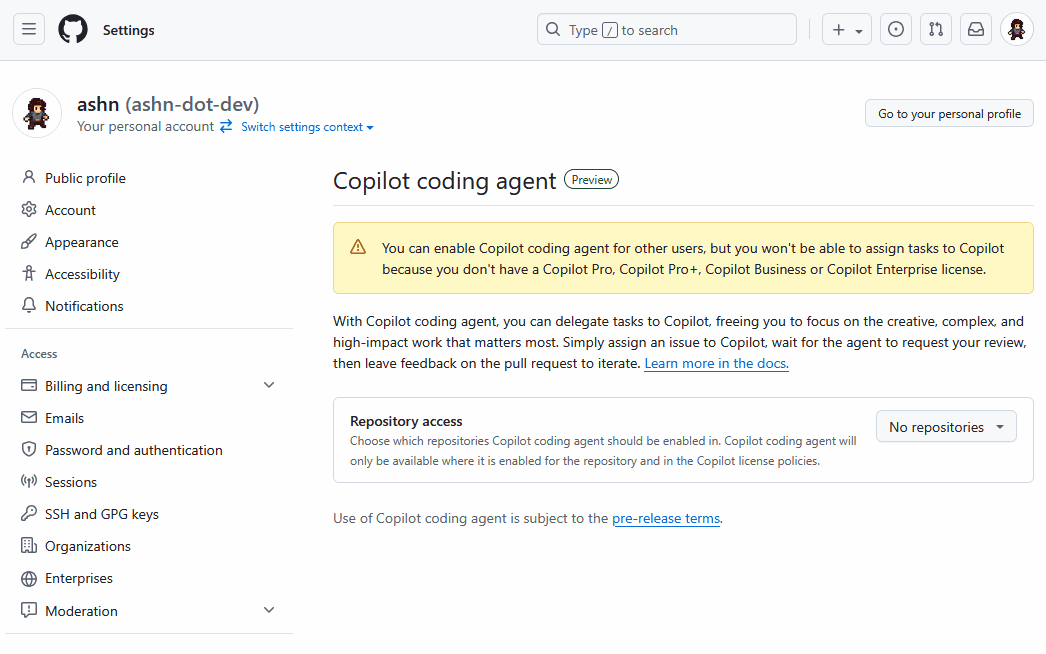 Starting in the "Coding agent" setting, "Repository access" setting is shown to be set to "No repositories" before navigating to an "Issues" page where the "Code with agent mode" button is still shown.