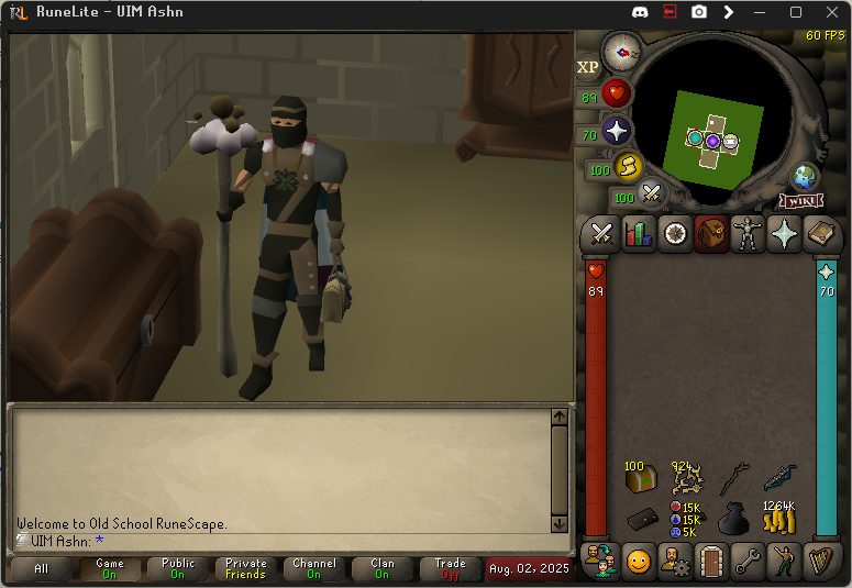 My character, UIM Ashn, in my player owned house with a stack of 100 easy caskets.