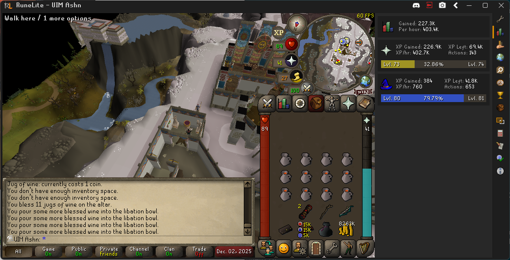 My character, UIM Ashn, at the Teomat, showing 226.9k prayer xp gained with an xp/hr of 402.7k.