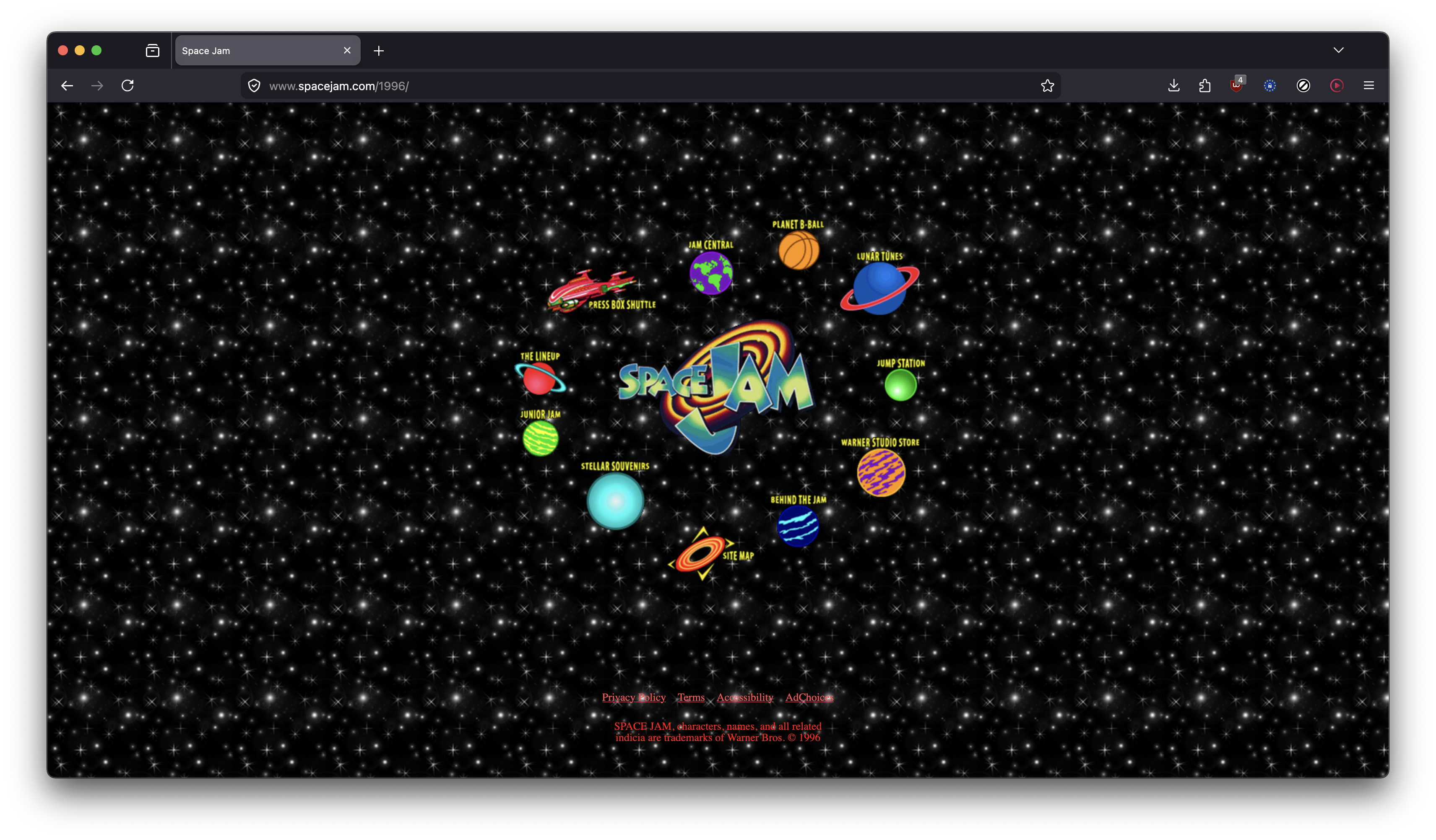 A window capture of Firefox on the Space Jam (1996) website. The window capture has a shadow effect around all sides of the window.