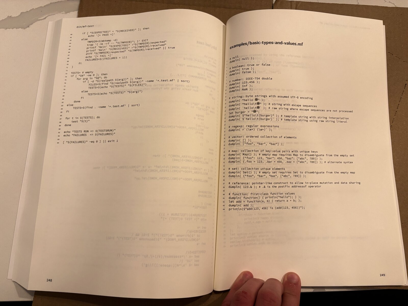 A look inside "The Mellifera Programming Language" book showing the tail end of the mf-test testing tool for the language, as well as the basic types and values example program written in Mellifera.