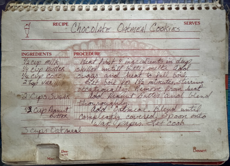 An aged recipe card containing two sections, "ingredients" and "procedure", containing roughly the same ingredients an instructions listed in the recipe below.